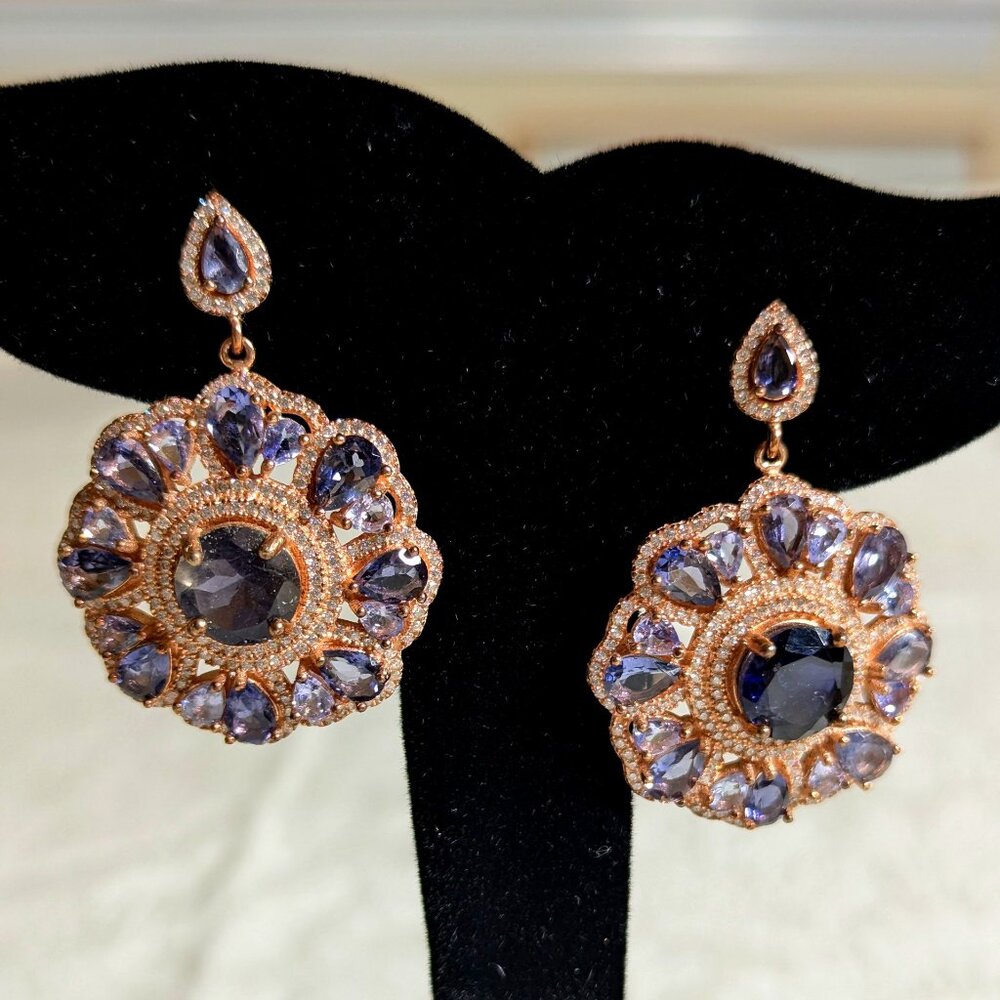Earrings Gorgeous Tanzanite Iolite and CZ set in Sterling Silver Rose